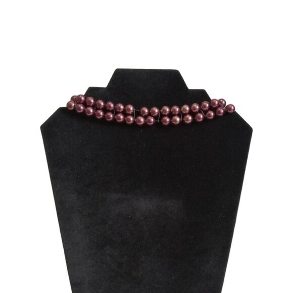 Purple Plastic Beaded Elasticized Double Strand Lightweight Choker Necklace - Picture 1 of 9